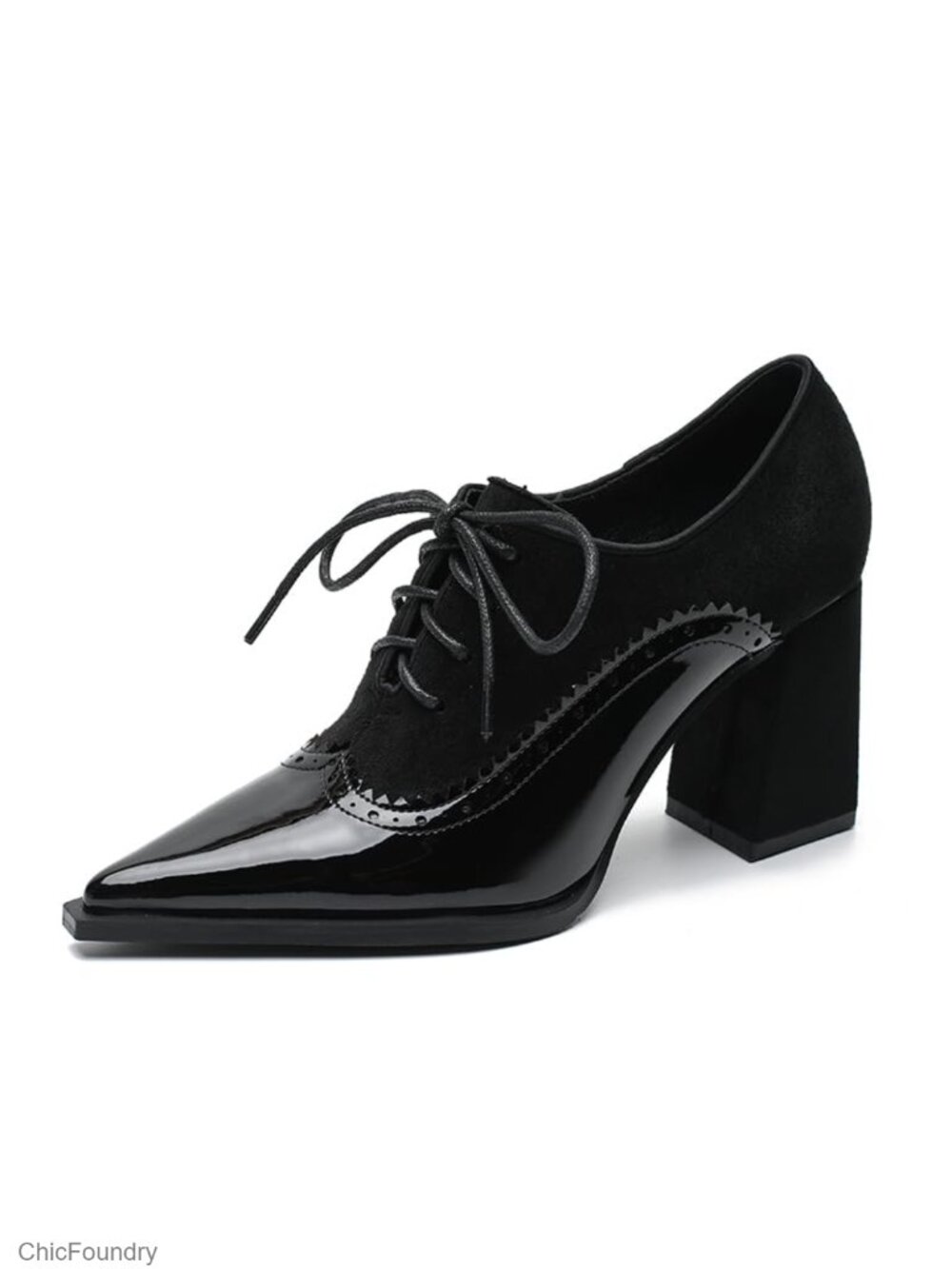 Women's Chunky Heel Oxford Pumps Lace-Up Brogue Shoes Faux Leather